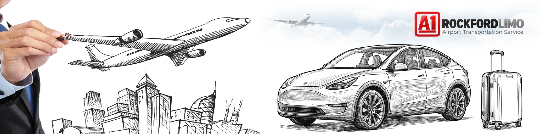 Hand drawing an airliner over a city skyline beside a Tesla Model Y with A1 Rockford Limo branding