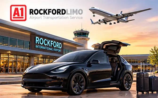 Tesla Model Y with luggage at Rockford International Airport (RFD)