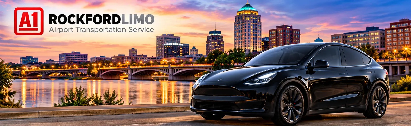 Black Tesla Model Y beside the Rockford riverfront with A1 Rockford Limo branding