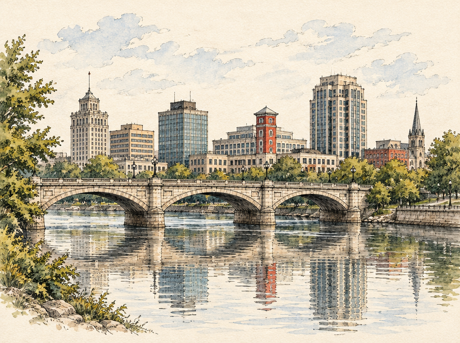 Hand-drawn sketch of the downtown Rockford skyline and bridge over the Rock River