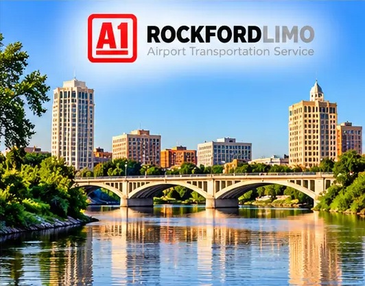 Downtown Rockford skyline and bridge over the Rock River