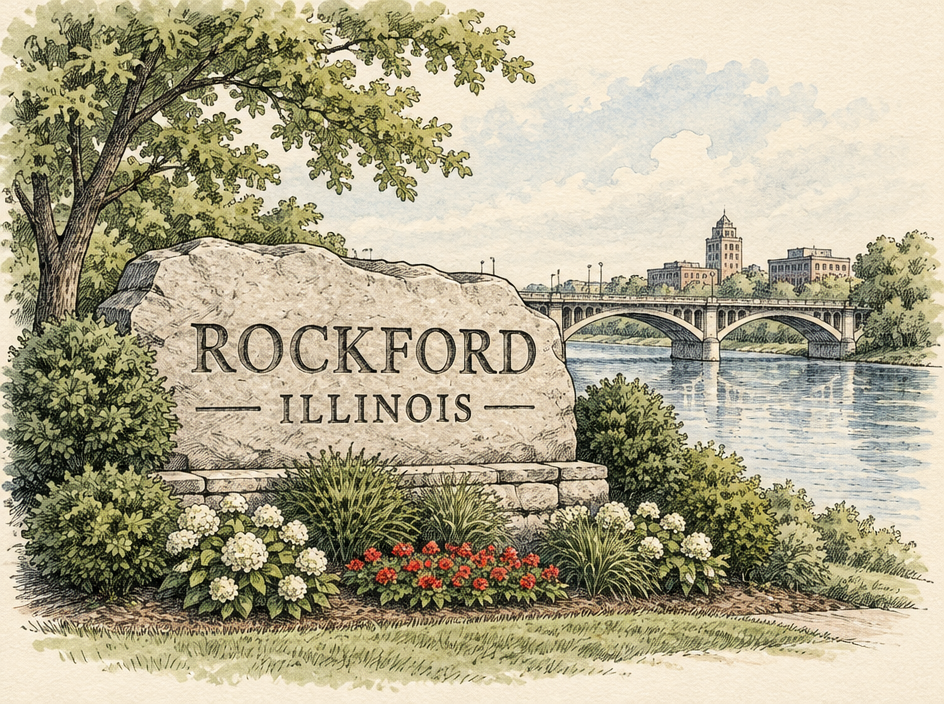 Hand-drawn sketch of the Rockford Illinois welcome sign by the river