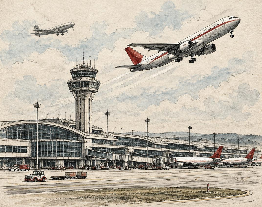 Hand-drawn sketch of O'Hare's control tower with a jet taking off and a vintage propeller plane
